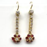 Fine gold diamond and garnet cluster drop earrings, believed to be 18ct gold. Measuring 3.5cm in