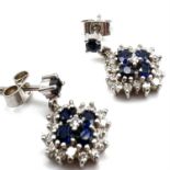 Fine 18ct gold sapphire and diamond cluster dangly earrings. Measures 1.5cm in length x 1cm wide.