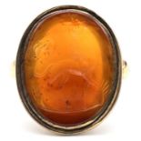 Antique 9ct gold natural carved cornelian unicorn intaglio ring. Set with a large cornelian well