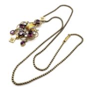 Antique 15ct gold almandine garnet and aquamarine diamond necklace. Marked 15ct. The pendant