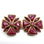 Vintage Yves Saint Laurent gold plated pink rhinestone large clip on earrings. Set with large pink