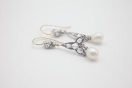 Antique Gold and Silver Pair of Rose Cut Diamond and Pearl Drop Earrings The Rose Cut Diamonds are