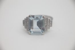 Fine Platinum Five Carat Diamond and Aquamarine Ring Set in Platinum with an estimated five carat
