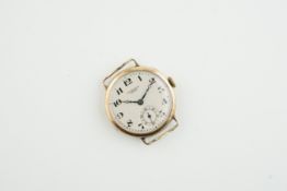 J W BENSON 9CT GOLD TRENCH STYLE WRISTWATCH, circular off white dial with hands and arabic numeral