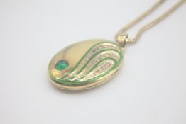 Fine 18ct Gold Wempe Emerald, Diamond and Enamel Art Nouveau Design Locket Necklace Hung on a