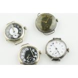 GROUP OF 4 SILVER AND WHITE METAL TRENCH WATCHES, tuxedo dial base metal watch is currently not