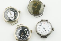 GROUP OF 4 SILVER AND WHITE METAL TRENCH WATCHES, tuxedo dial base metal watch is currently not