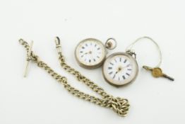 ***TO BE SOLD WITHOUT RESERVE*** TWO SILVER POCKET WATCHES & FUB ALBERT CHAIN, silver pocket watch