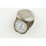SILVER CASED TRAVEL POCKET WATCH, circular white dial with hands and arabic numeral hour markers,