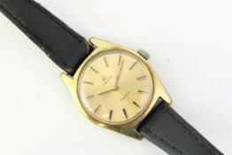 LADIES OMEGA GENEVE, gold plated case, black leather strap, 25mm case, currently running