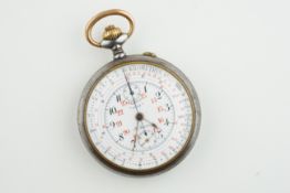 J AURICOSTE PEWTER CHRONO FUNCTION POCKET WATCH CIRCA 1870S, circular white dial with hands and
