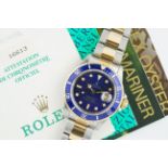 ROLEX OYSTER PERPETUAL DATE SUBMARINER BLUE/PURPLE STEEL & GOLD W/ BOX & GUARANTEE REF. 16613