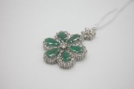 Fine 18ct Gold Emerald and Diamond Large Pendant Set with Pear Cut Emerald stones in a flower