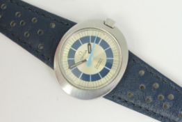 OMEGA DYNAMIC, silver and blue dial, on a leather strap with buckle, currently running.