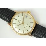 OMEGA GENEVE, Cream dial with date function, 34mm gold plated case, on a leather strap with Omega