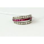 Art Deco platinum diamond ruby and sapphire day and night ring. Uk size k 1/2 . Weighs 5.6 grams
