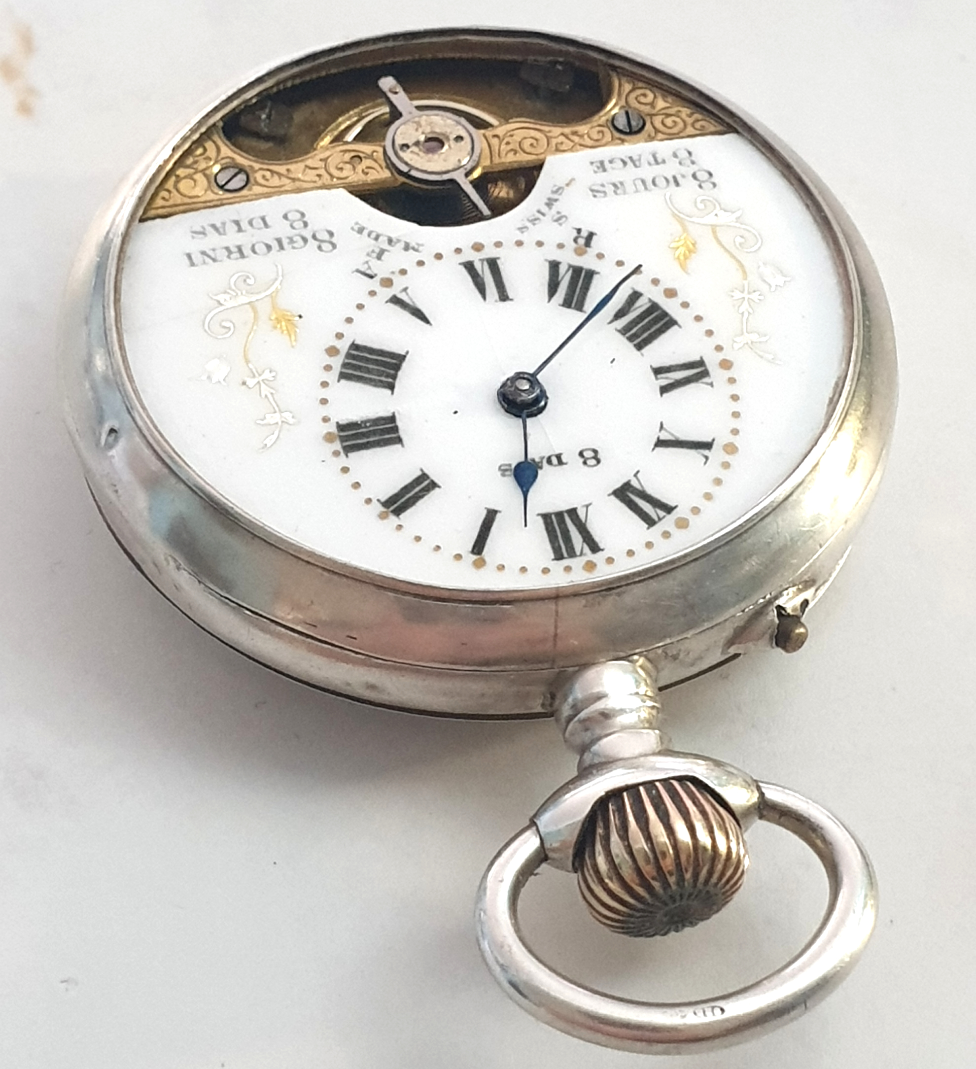 8 DAY HEBDOMAS TOP WIND POCKET WATCH WITH ENAMELLED DIAL AND VISIBLE ESCAPEMENT IN STERLING SILVER - Image 4 of 13