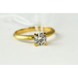 Fine 18kt Yellow gold solitaire diamond ring, approximately 0.75cts G/VS2. Uk size N marked 18k.