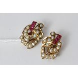 Fine Art Deco 14ct gold ruby and seedpearl clip on earrings. Measures 2cm x 1.5cm wide. Weighs 4.9