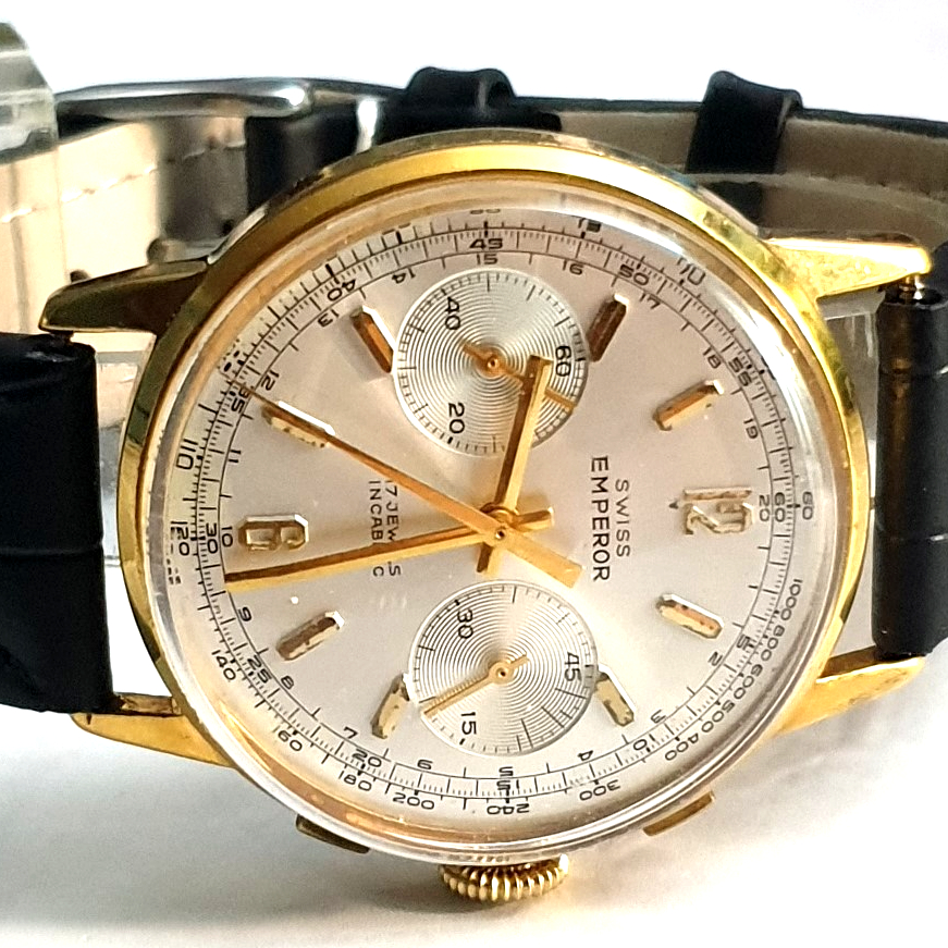 SWISS EMPEROR LARGE CHRONOGRAPH WITH ORIGINAL DIAL IN GOLD PLATED CASE VALJOUX CAL 7733 CIRCA 1960S. - Image 8 of 11