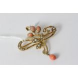 Antique victorian 18ct gold seedpearl and coral brooch pendant , set with natural seedpearls and