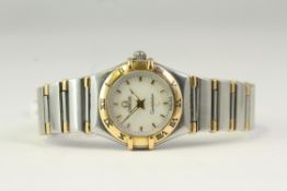 LADIES OMEGA CONSTELLATION, mother of pearl dial, gold bezel with Roman numerals, steel and gold