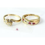 Fine pair of 9ct gold diamond rings . Including a diamond twist ring and a diamond and ruby Chanel