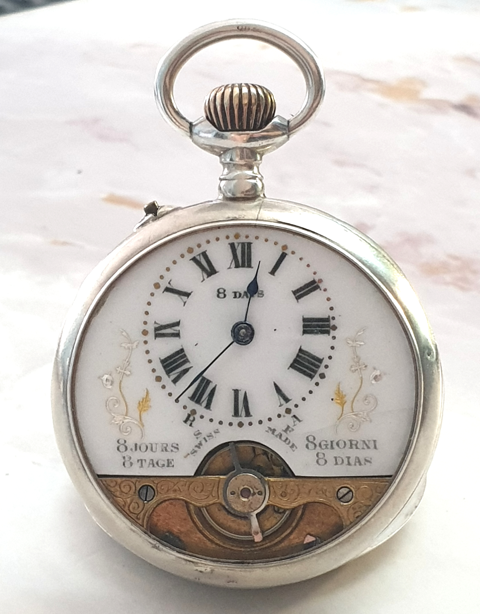 8 DAY HEBDOMAS TOP WIND POCKET WATCH WITH ENAMELLED DIAL AND VISIBLE ESCAPEMENT IN STERLING SILVER - Image 12 of 13
