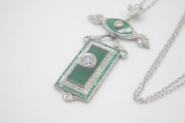Fine Platinum Art Deco Design Emerald and Diamond Pendant Necklace Set in Platinum marked 950 with a