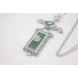 Fine Platinum Art Deco Design Emerald and Diamond Pendant Necklace Set in Platinum marked 950 with a