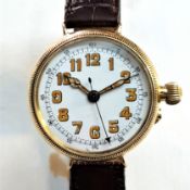 OFFICER'S TRENCH TYPE DOCTORS WATCH WITH ENAMELLED DIAL AND CENTER SECONDS IN SOLID 18CT GOLD BORGEL