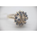 Vintage 14ct Gold Large Sapphire Cluster Ring Set in 14ct Gold marked 14K. Head of the ring measures