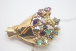 Vintage High Carat Gold Natural Gemstone Boquet of Flowers Brooch Set with Amethysts, Garnets,
