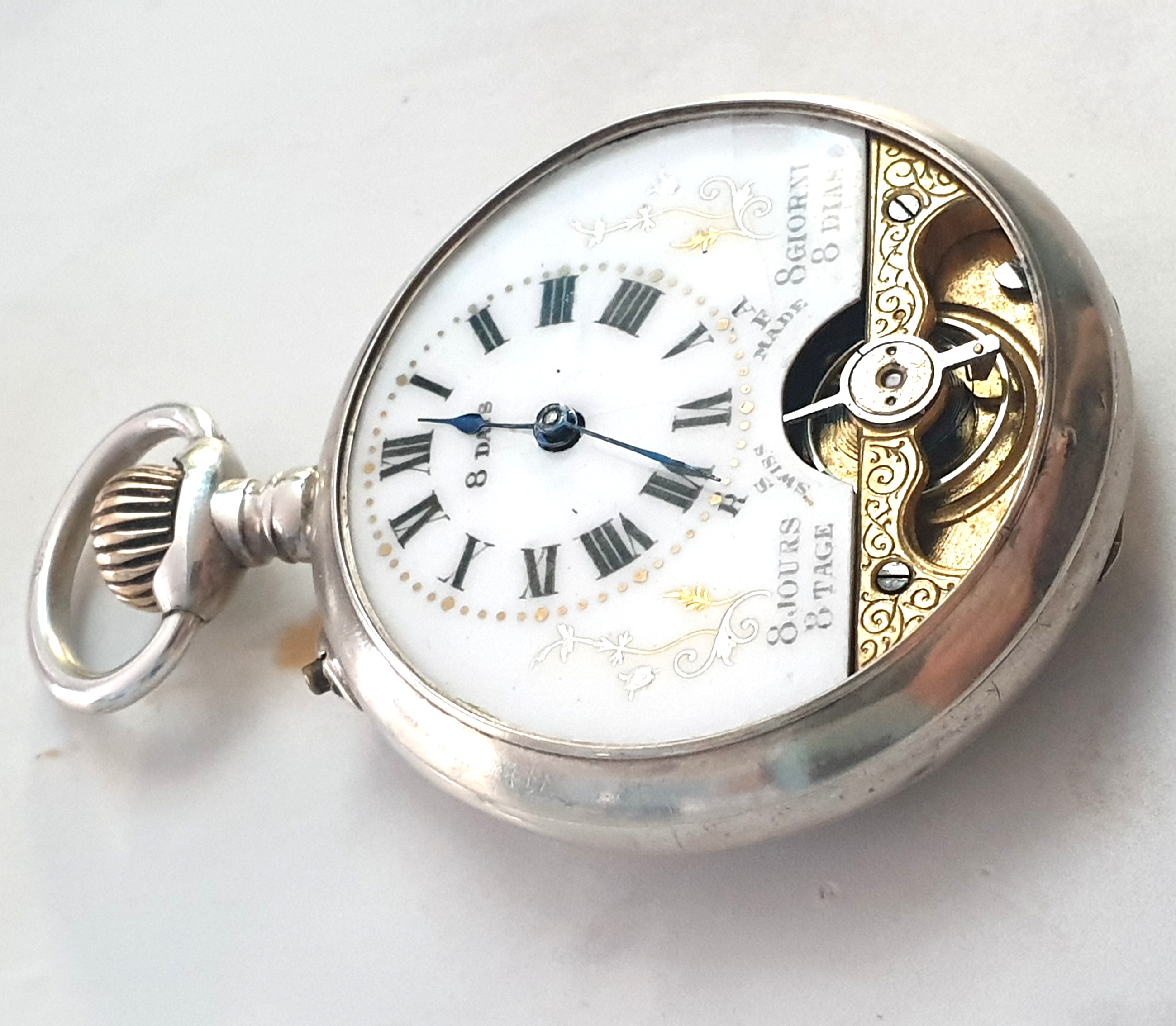 8 DAY HEBDOMAS TOP WIND POCKET WATCH WITH ENAMELLED DIAL AND VISIBLE ESCAPEMENT IN STERLING SILVER - Image 3 of 13
