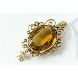 Fine heavy 9ct gold citrine and pearl pendant. Measures 5.2cm in length . Weighs 12.4 grams