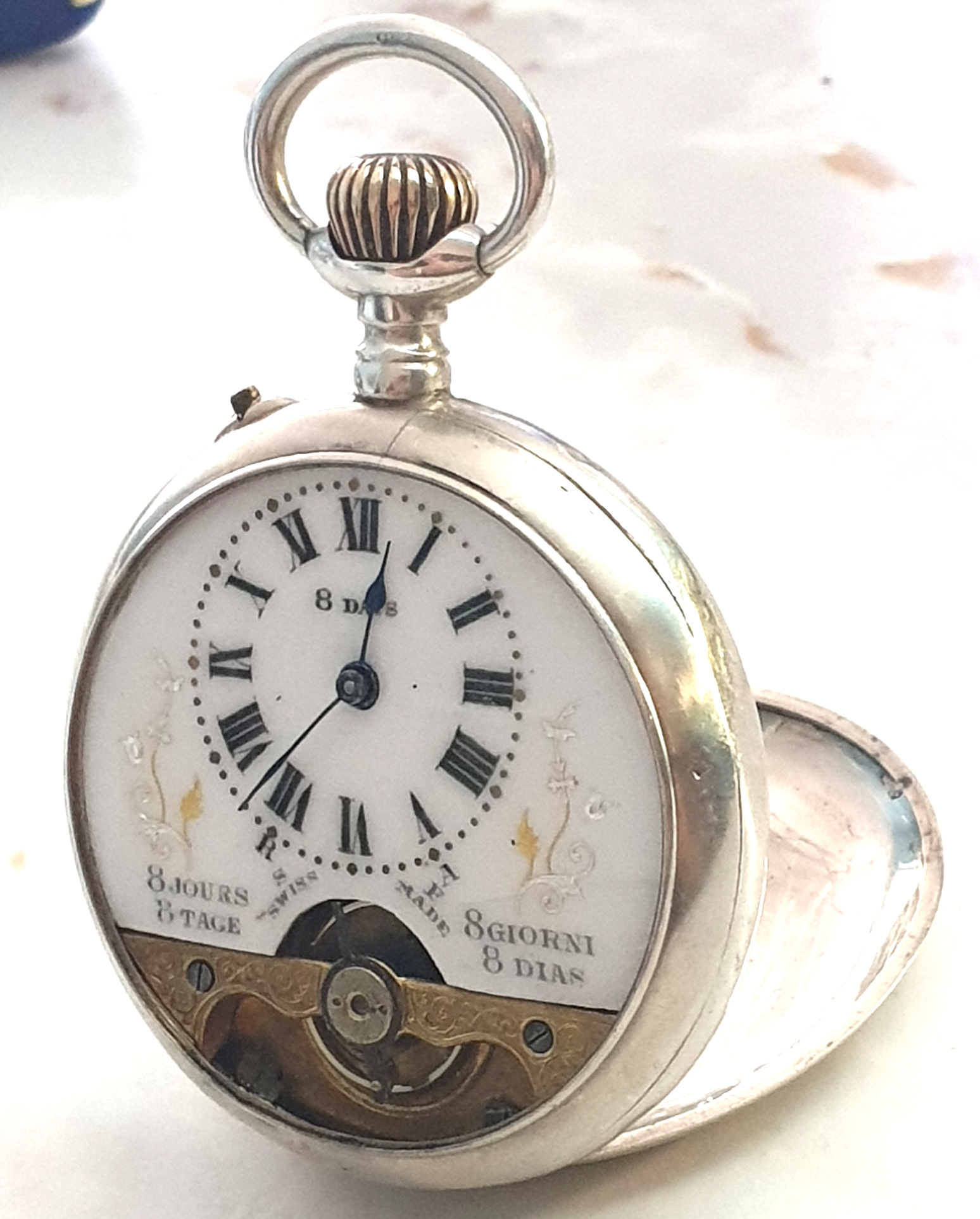8 DAY HEBDOMAS TOP WIND POCKET WATCH WITH ENAMELLED DIAL AND VISIBLE ESCAPEMENT IN STERLING SILVER - Image 13 of 13