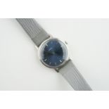 OMEGA MANUALLY WOUND DRESS WRISTWATCH, circular blue dial with hour markers and hands, 34mm