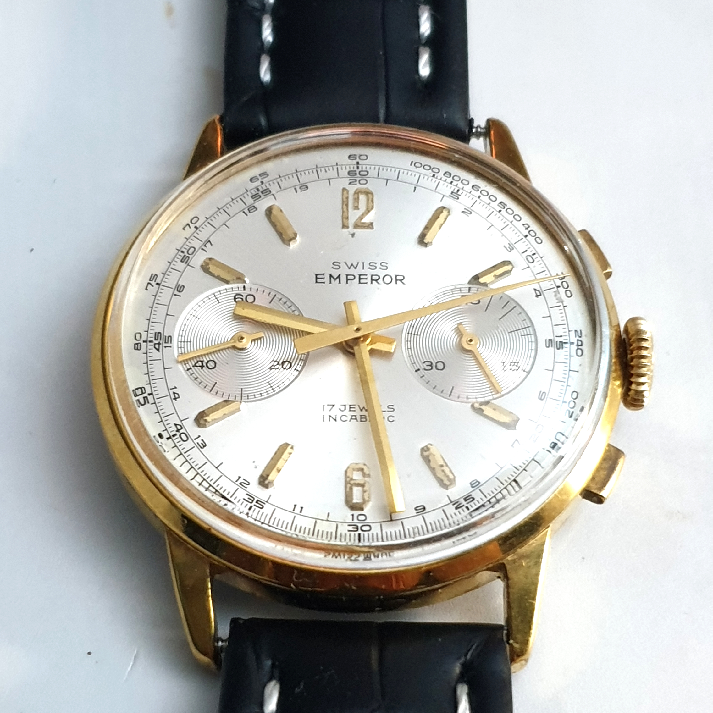 SWISS EMPEROR LARGE CHRONOGRAPH WITH ORIGINAL DIAL IN GOLD PLATED CASE VALJOUX CAL 7733 CIRCA 1960S. - Image 9 of 11