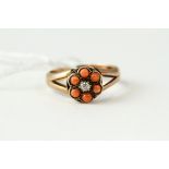 Antique 9ct gold coral and diamond cluster ring. Marked 9ct . Measures uk size L . Weighs 2.4 grams