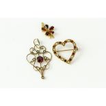 Vintage 9ct gold garnet and seedpearl jewellery , including a heart brooch, a garnet pendant and a