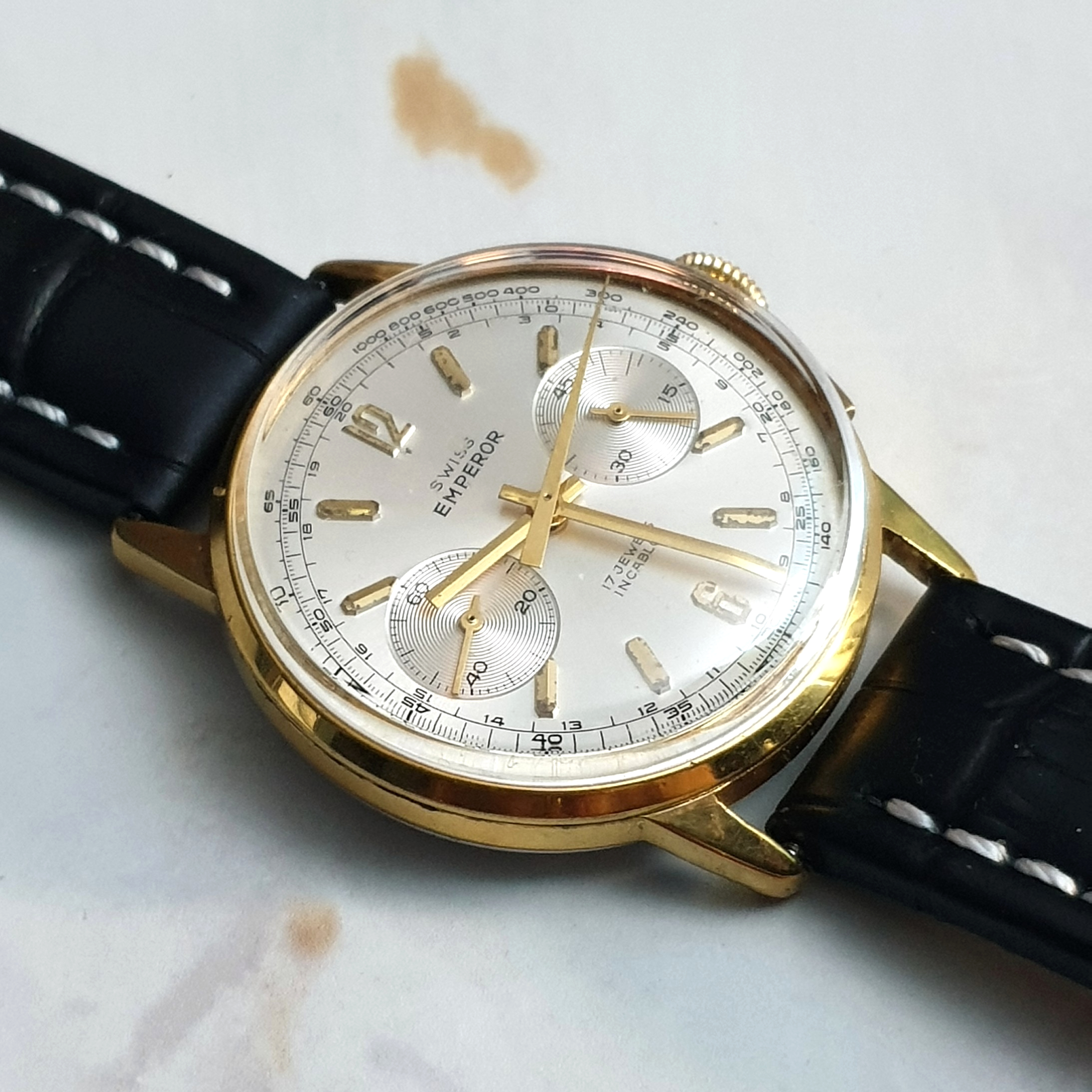 SWISS EMPEROR LARGE CHRONOGRAPH WITH ORIGINAL DIAL IN GOLD PLATED CASE VALJOUX CAL 7733 CIRCA 1960S. - Image 6 of 11