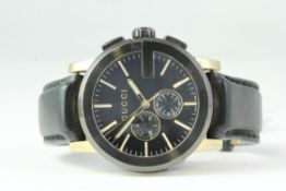 GUCCI CHRONOGRAPH REFERENCE 101.2, black dial, gold detail, 44mm case, later leather strap, Gucci
