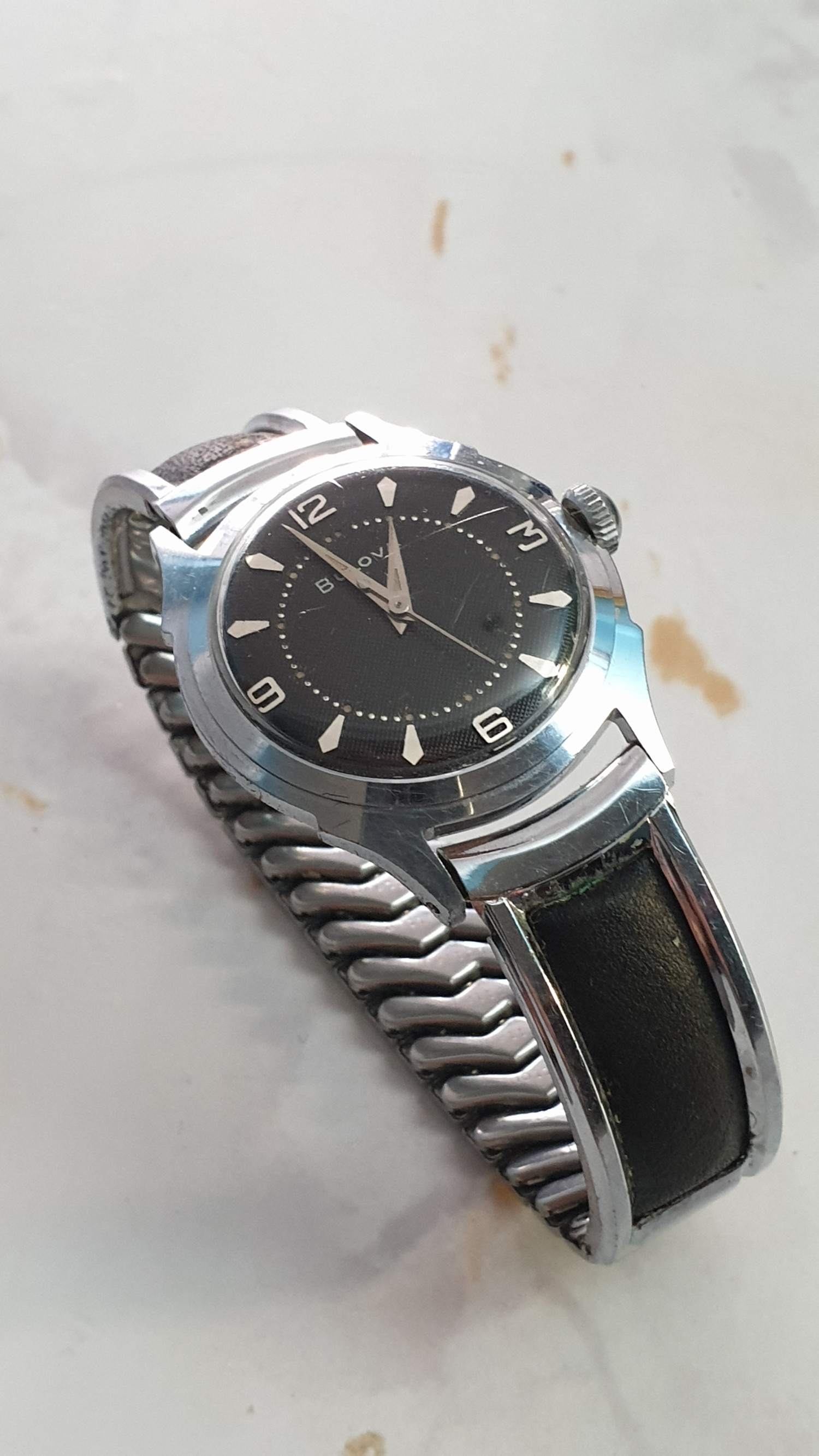 BULOVA MANUAL WIND WRISTWATCH WITH BLACK WAFFLE/HONEYCOMB DIAL IN CHROME PLATE CASE WITH ORIGINAL - Image 3 of 12