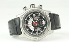 EBEL CHRONOGRAPH, Black and silver dial, stainless steel case 45mm, leather bracelet, hidden steel