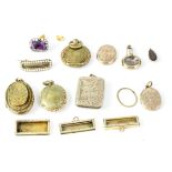 Antique georgian gold and seedpearl brooch plus a quanity of lockets. This lot includes a gold