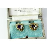 Fine 9ct gold amethyst and pearl earrings in a garrard earring box. One of the amethysts has been