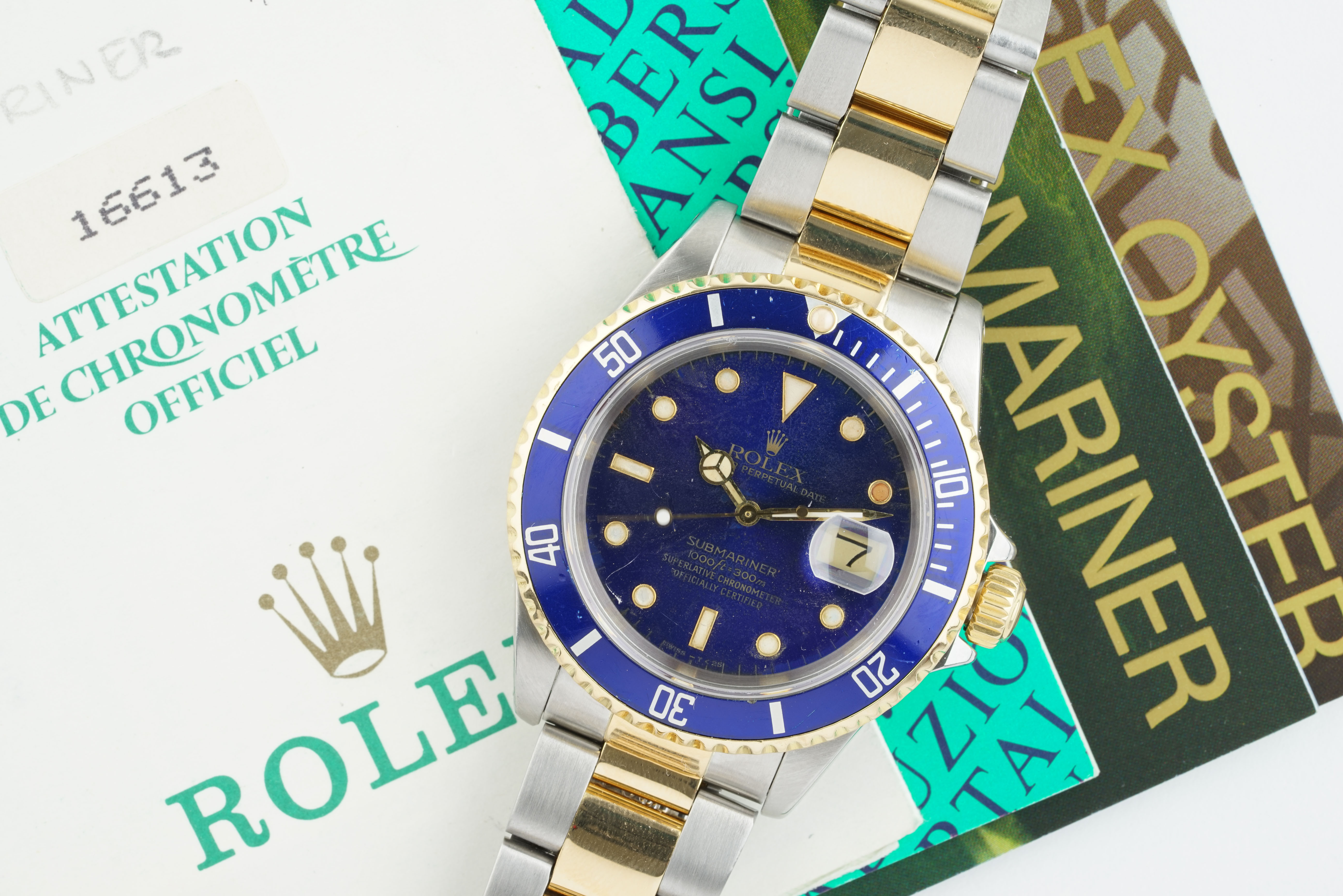 ROLEX OYSTER PERPETUAL DATE SUBMARINER BLUE/PURPLE STEEL & GOLD W/ BOX & GUARANTEE REF. 16613