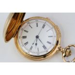 18CT FULL HUNTER QUARTER REPEATER POCKET WATCH CHRONOGRAPH, circular white dial with roman numeral