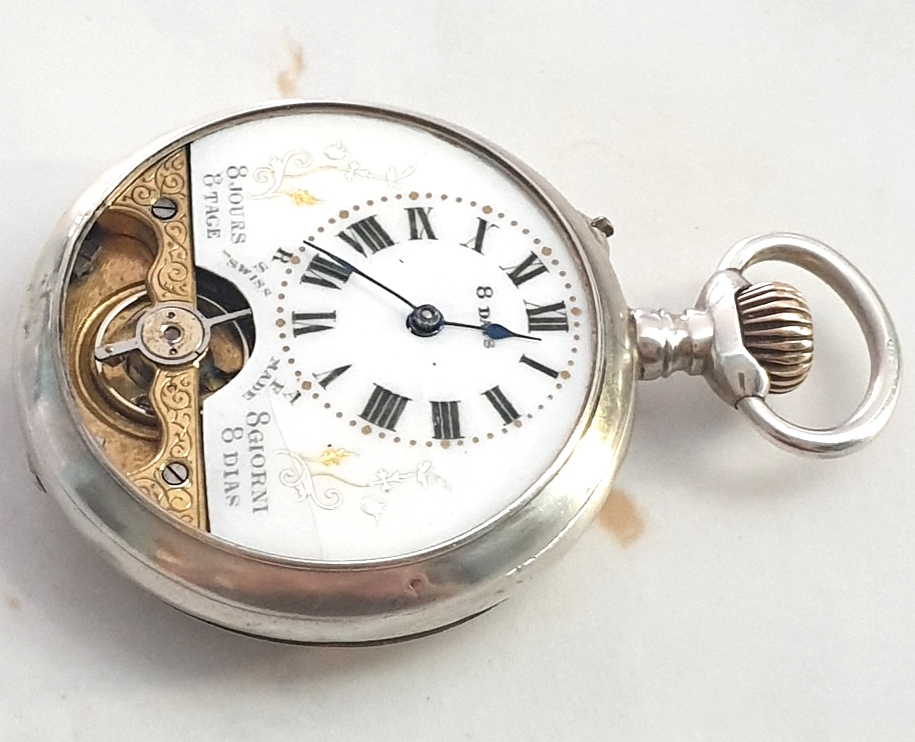 8 DAY HEBDOMAS TOP WIND POCKET WATCH WITH ENAMELLED DIAL AND VISIBLE ESCAPEMENT IN STERLING SILVER - Image 2 of 13