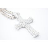 Fine 14ct White Gold Diamond Set Cross Hanging on a Silver curb chain. The cross measures 8cm x 4.